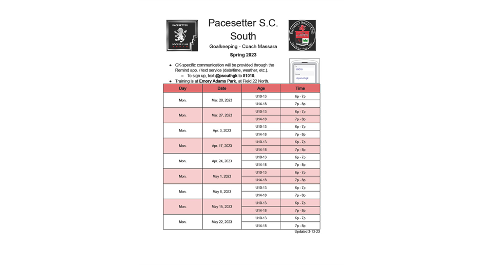 GK Training Schedule - Spring 2023